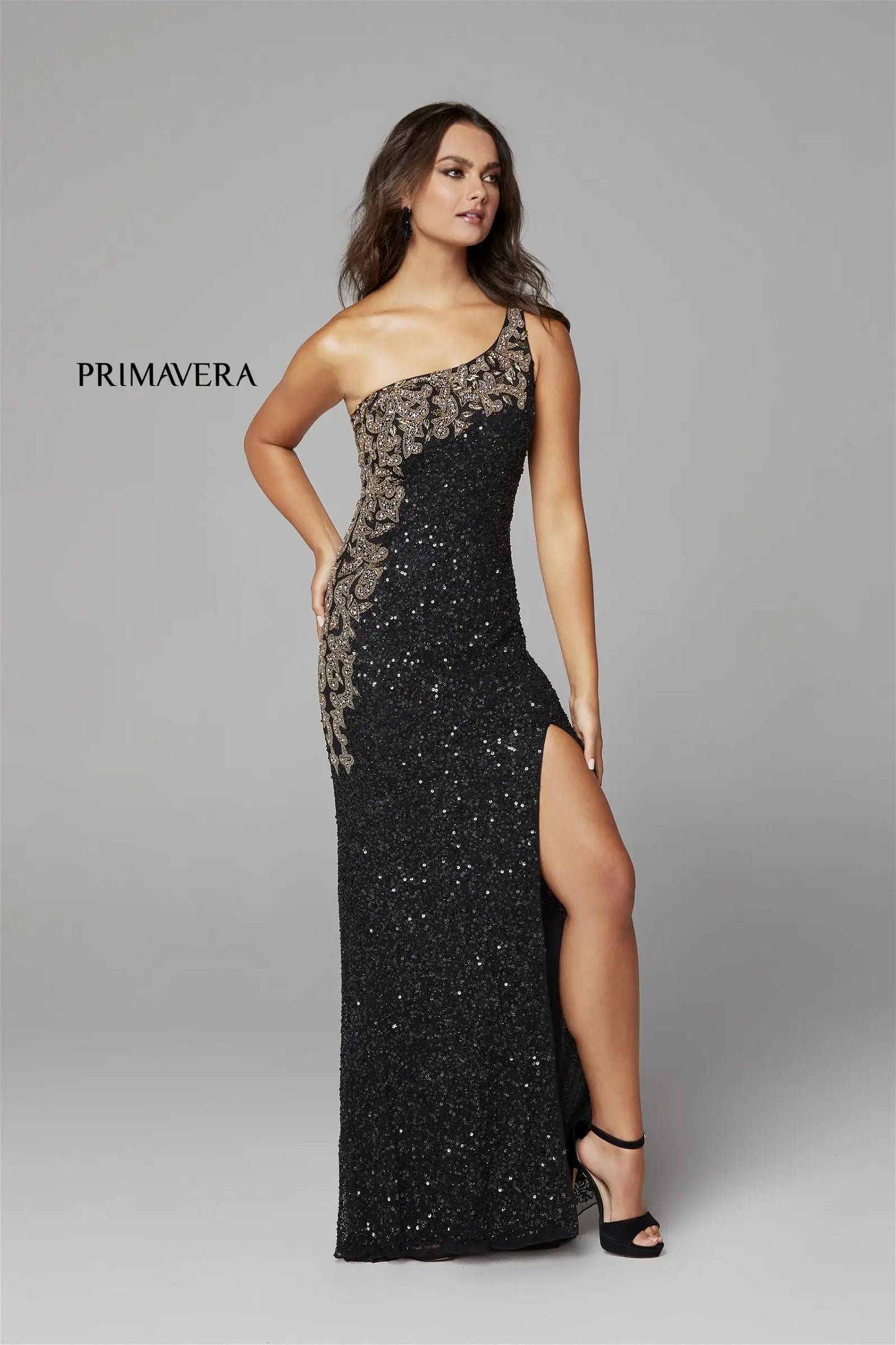 Primavera 3637 Sequined One Shoulder Evening Dress - A stunning gown with intricate sequin and bead embellishments, perfect for evening events.