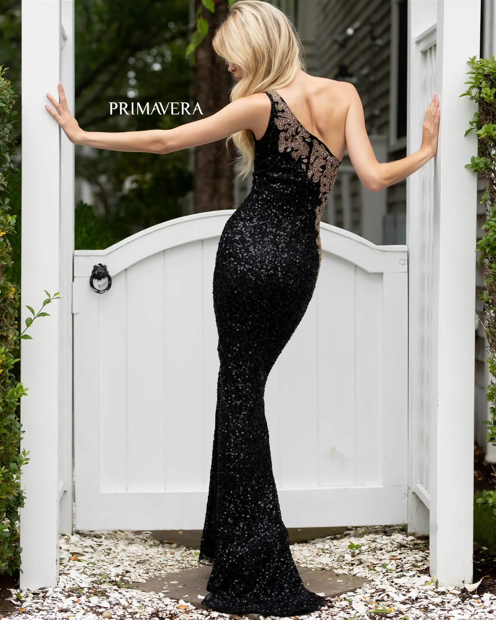 Primavera 3637 Sequined One Shoulder Evening Dress - A stunning gown with intricate sequin and bead embellishments, perfect for evening events.