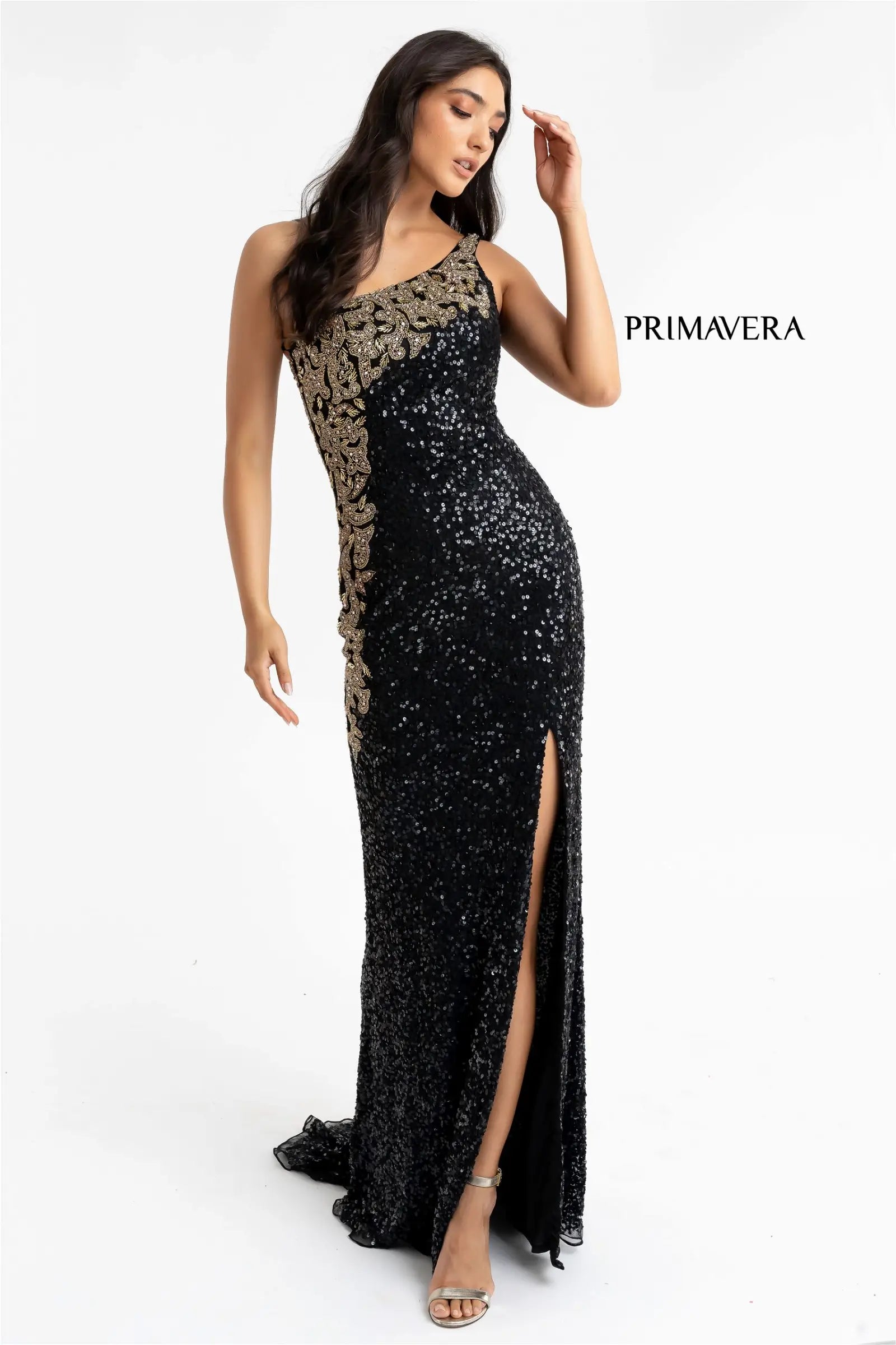 Primavera 3637 Sequined One Shoulder Evening Dress - A stunning gown with intricate sequin and bead embellishments, perfect for evening events.