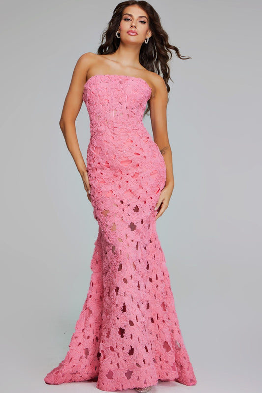 Jovani 40744 Pink Floral Mermaid Gown - Strapless and embroidered with flowers, ideal for formal evenings.