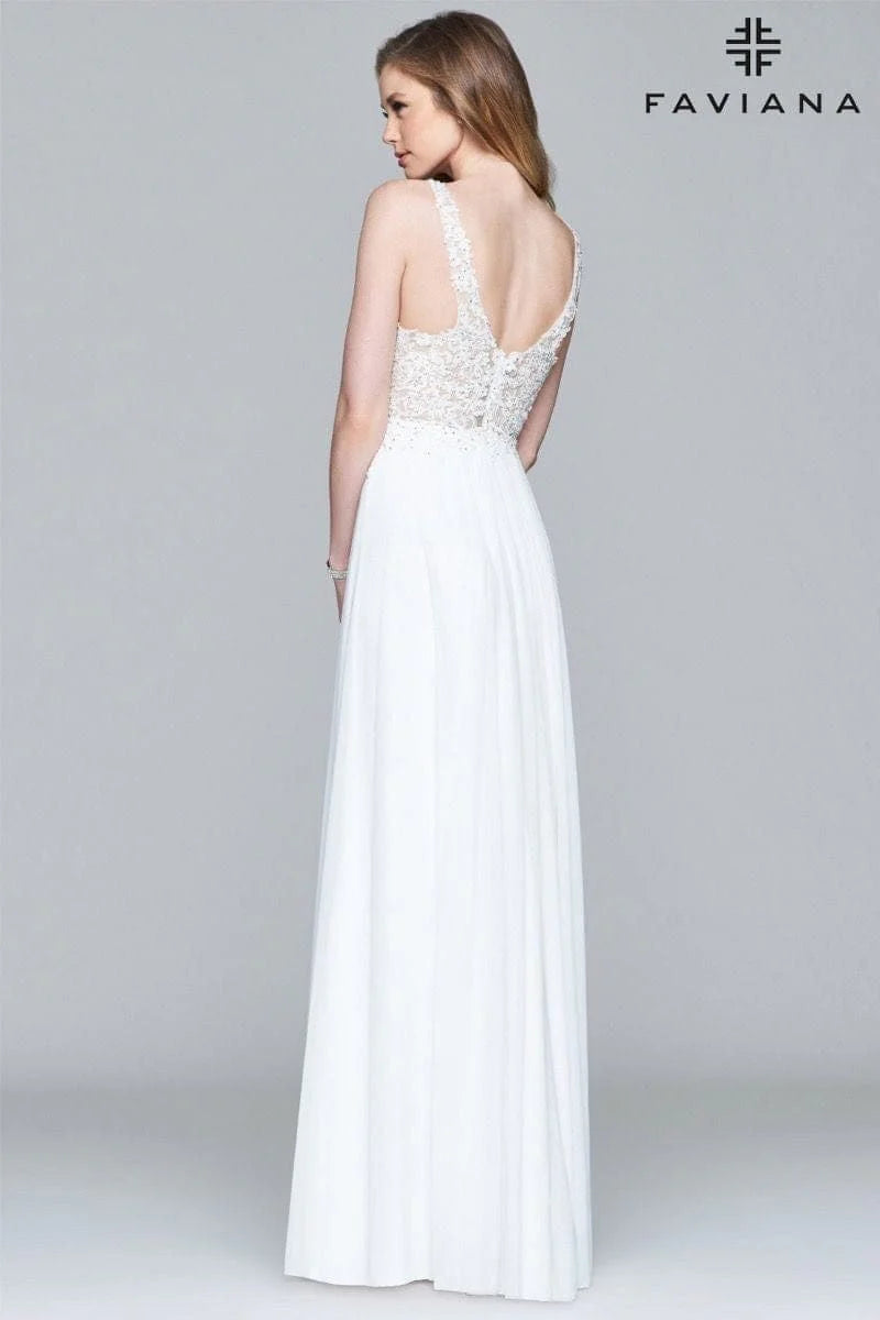 Faviana 8000 Long Mesh V-Neck Dress with Lace Appliqué - Long mesh dress with v-neckline and delicate lace appliqué.
