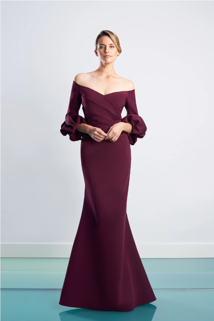 Alexander by Daymor 1478 Off-Shoulder Evening Gown in Wine.  Front View