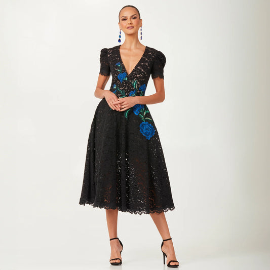 Helsi Amy DR6262 Black Lace Midi Dress with Floral Embroidery - Elegant black lace midi dress with short puffed sleeves, fitted bodice, flared skirt, plunging neckline, and blue floral embroidery.  Front View.