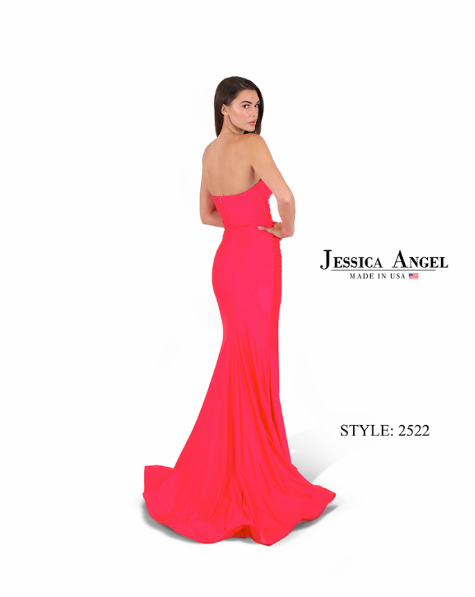 Jessica Angel 2522 Strapless Gown with Ruched Bodice - Elegant prom dress featuring a thigh-high slit and ruched bodice in luxurious jersey fabric.