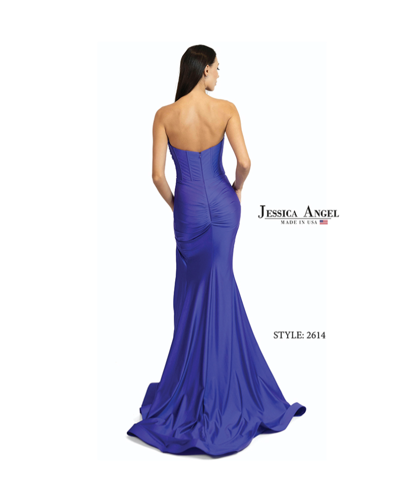 Jessica Angel 2614 Strapless Gown with Ruched Detail - Elegant mermaid gown featuring a strapless neckline and ruched back detail, perfect for prom.