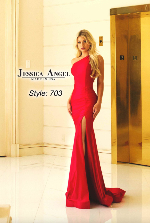 Elegant Jessica Angel red one-shoulder mermaid gown with open back and side slit, perfect for evening events.