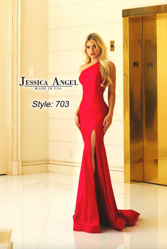 Elegant Jessica Angel red one-shoulder mermaid gown with open back and side slit, perfect for evening events.