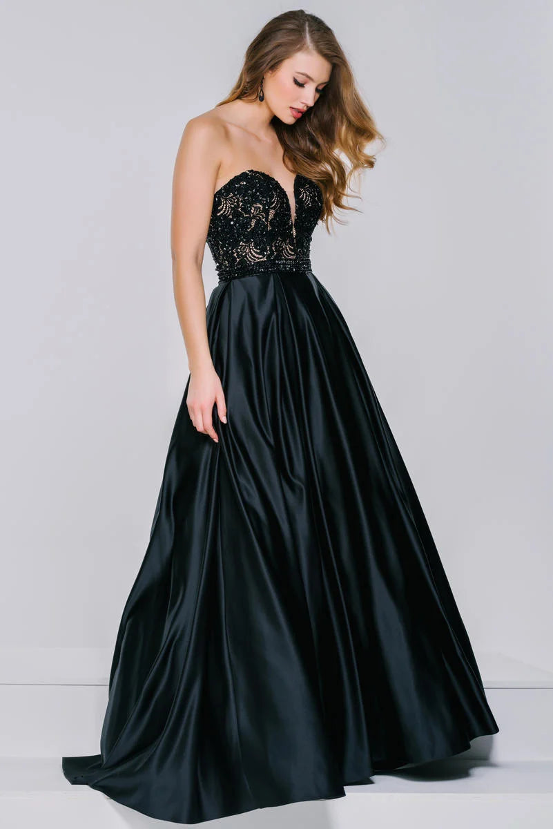 Jovani 36640 Strapless Satin Evening Gown – A luxurious black strapless gown featuring a lace-embroidered bodice and full satin skirt, perfect for formal occasions.