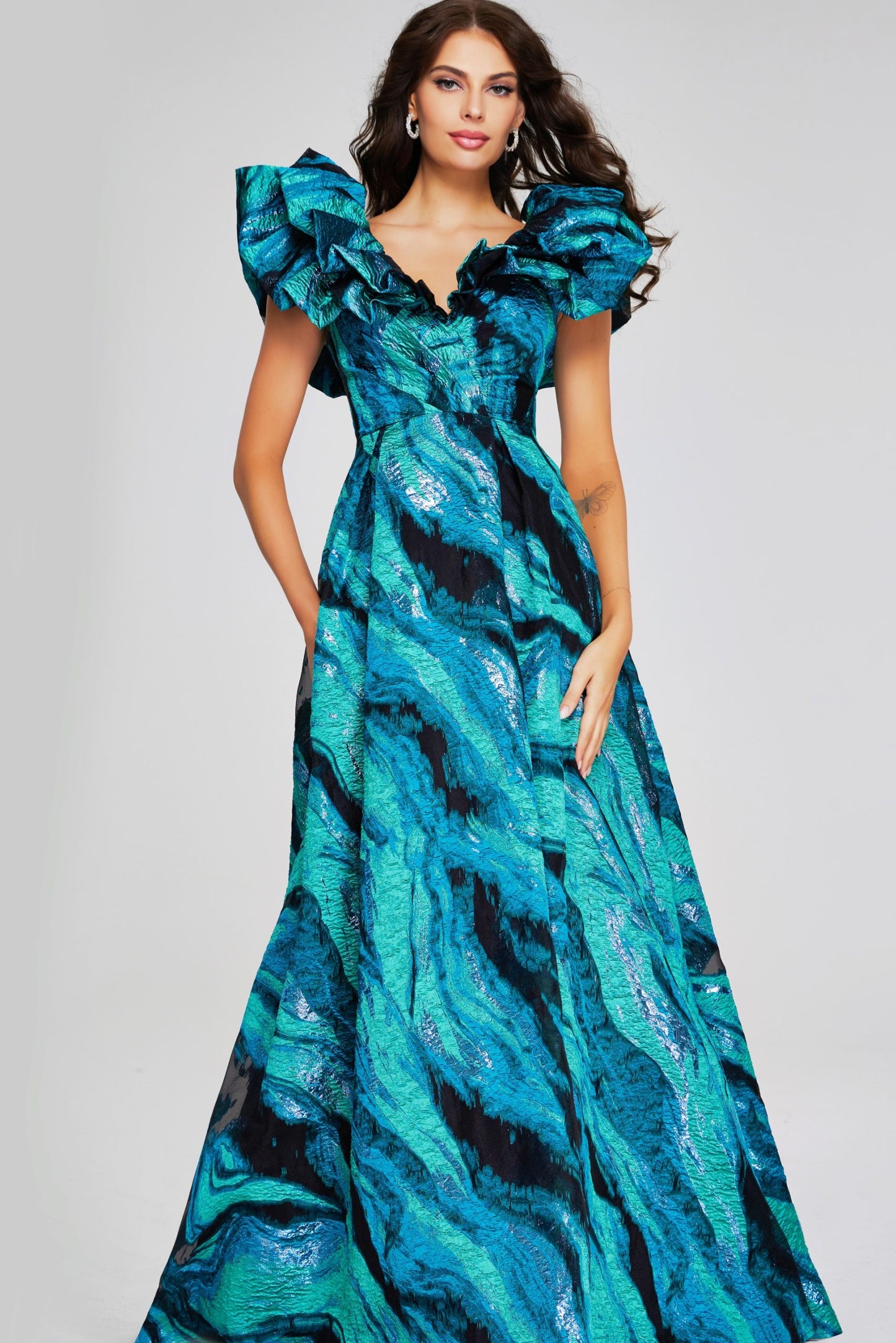 Jovani 40696 Ruffled Cap Sleeve Gown in Teal Multi - Elegant formal gown with a teal multi-color print, featuring dramatic ruffled cap sleeves and a full-length skirt.