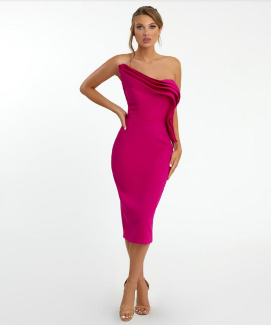 Nicole Bakti 683 Off-Shoulder Cocktail Dress in fuchsia and royal blue, featuring draped detailing and a fitted silhouette, perfect for formal evening events.