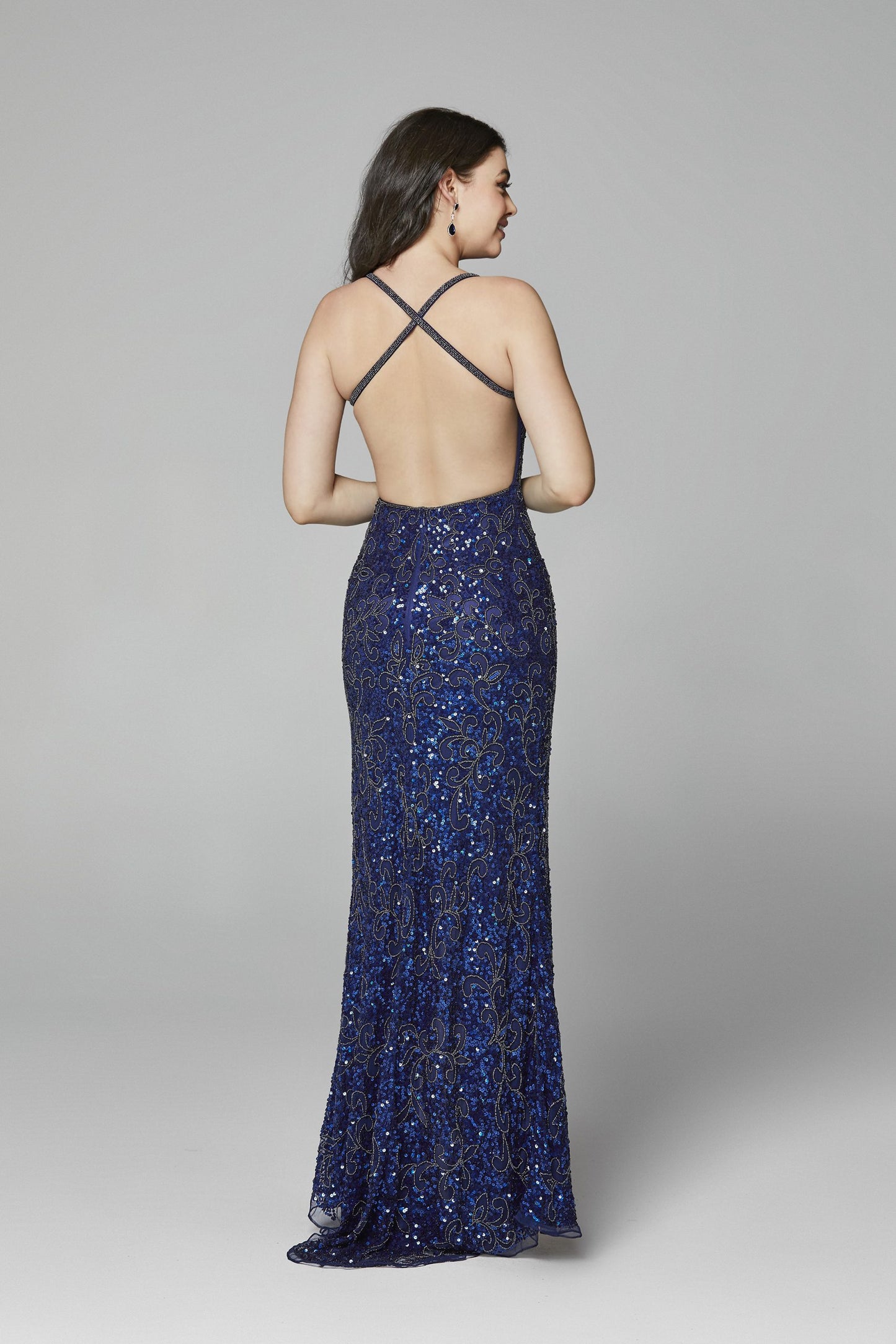 Primavera 3295 Sparkling V-Neck Prom Gown, fully embellished with a thigh-high slit and criss-cross back detailing for a glamorous look. Ideal for making a statement at prom.