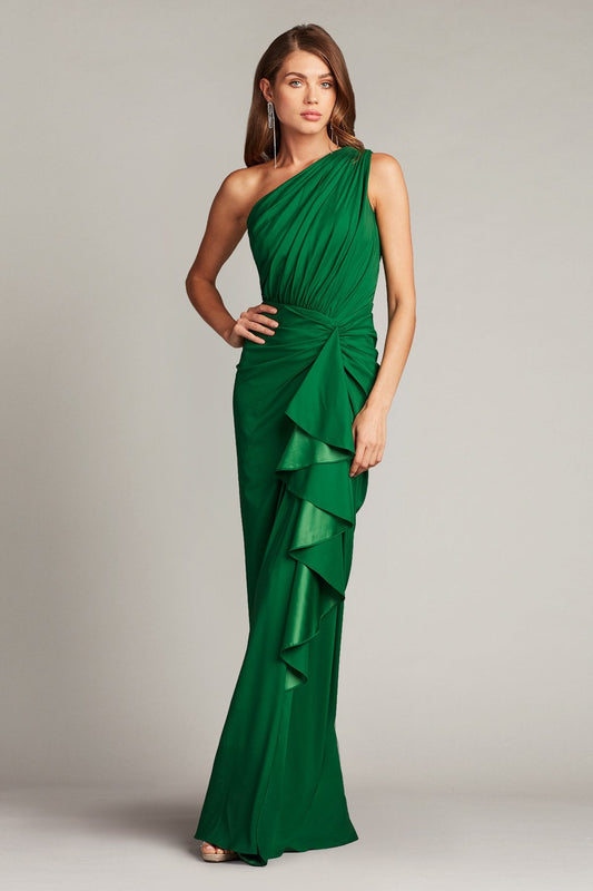 Tadashi Shoji 3I489L One-Shoulder Waterfall Drape Gown – Elegant one-shoulder evening gown with a flowing waterfall drape detail in a stunning green color.