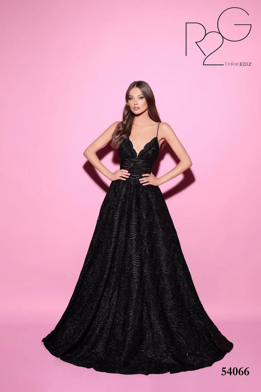 Tarik Ediz 54066 Elegant Evening Gown - Black gown with intricate detailing, plunging neckline, and flowing skirt for formal events.