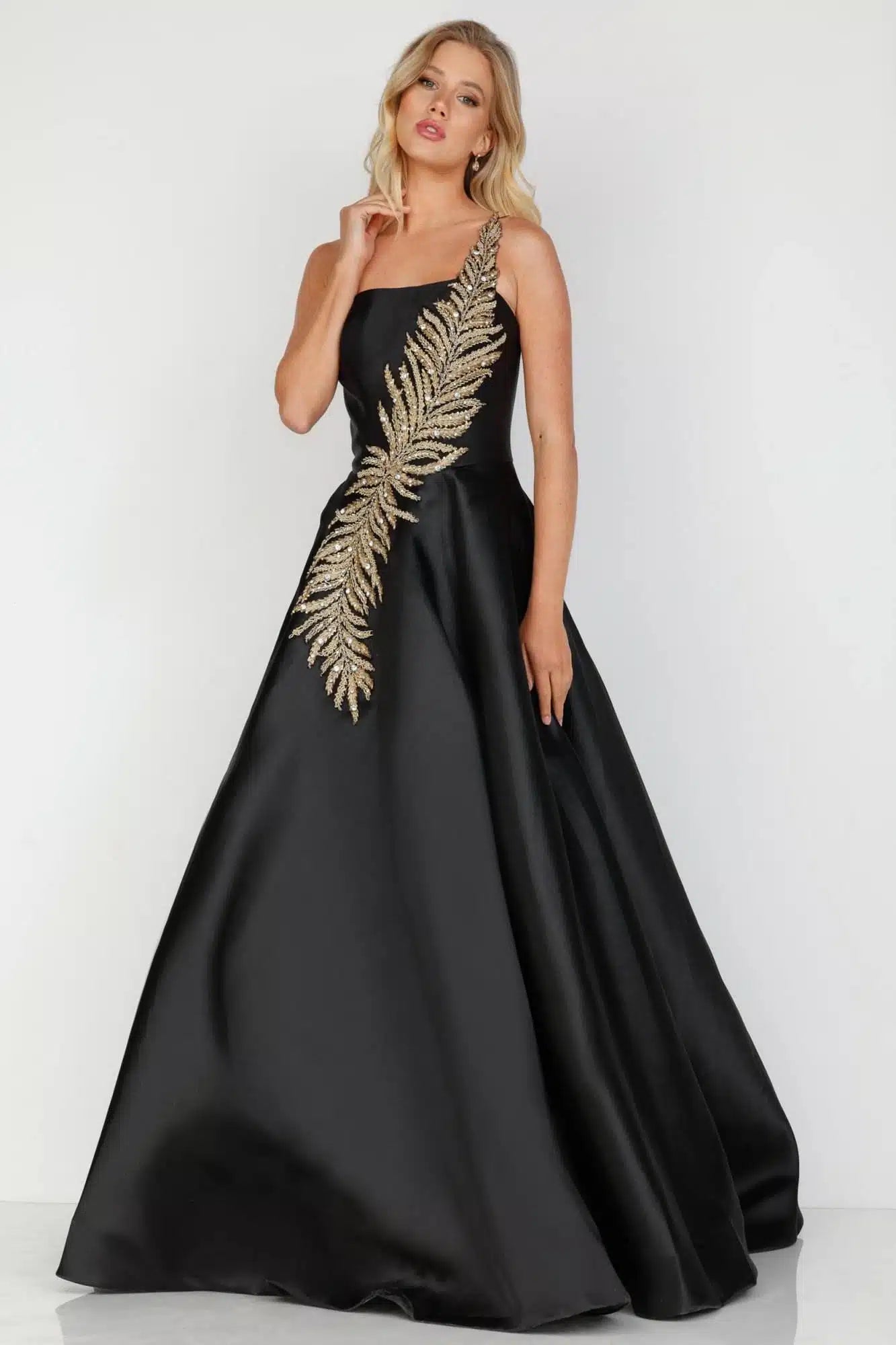 Terani Couture 1912E9202 One-Shoulder Long Ball Gown - Elegant navy blue ball gown featuring a one-shoulder design, beaded shoulder embellishment, and voluminous skirt in luxurious Mikado fabric.