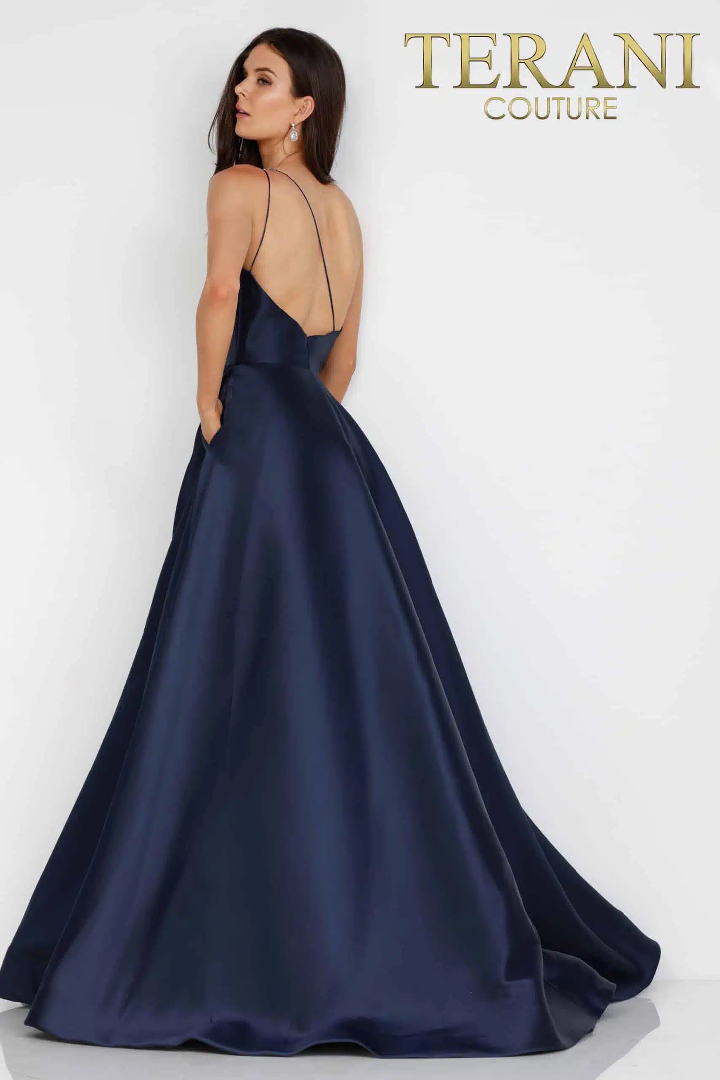 Terani Couture 1912E9202 One-Shoulder Long Ball Gown - Elegant navy blue ball gown featuring a one-shoulder design, beaded shoulder embellishment, and voluminous skirt in luxurious Mikado fabric.