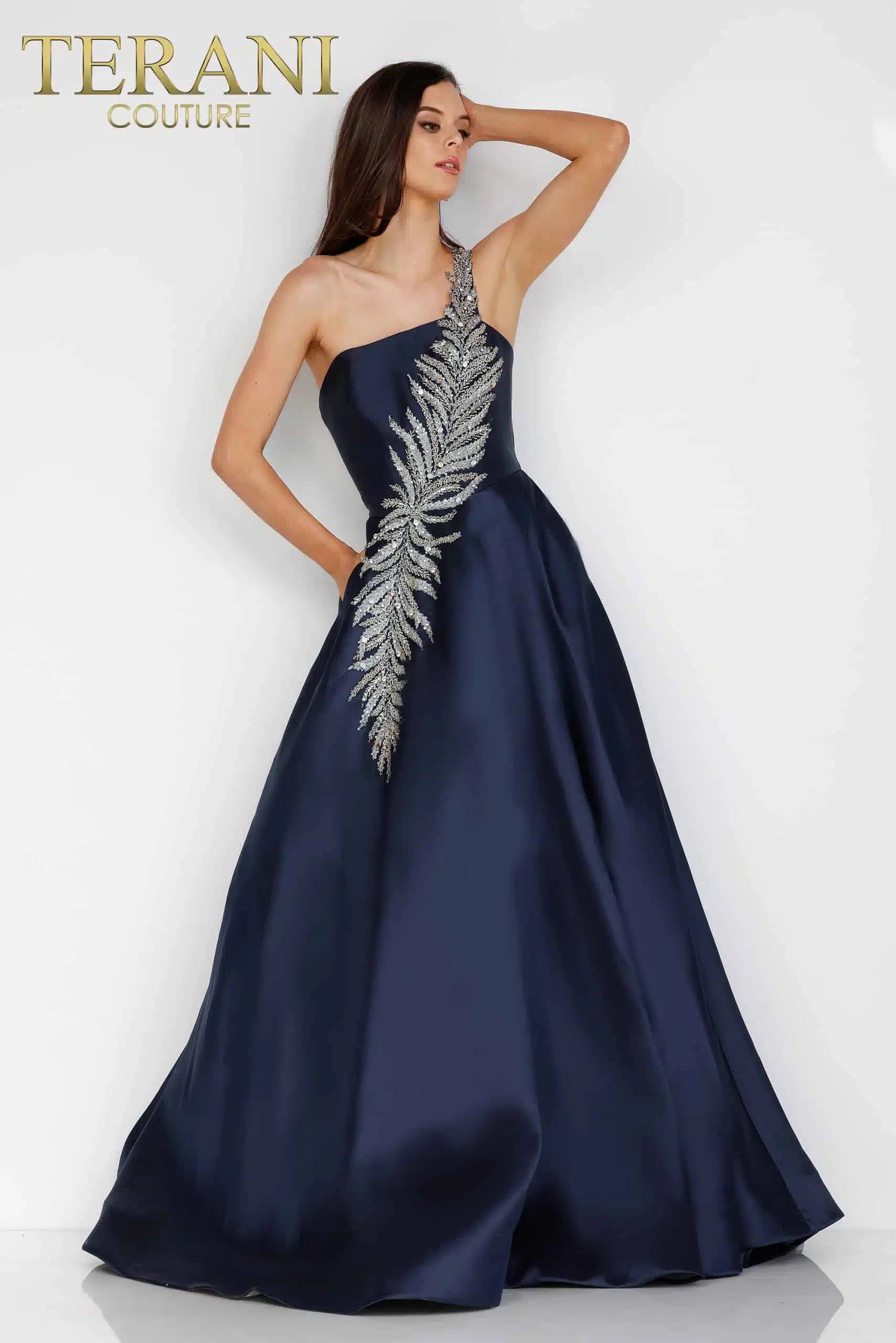 Terani Couture 1912E9202 One-Shoulder Long Ball Gown - Elegant navy blue ball gown featuring a one-shoulder design, beaded shoulder embellishment, and voluminous skirt in luxurious Mikado fabric.