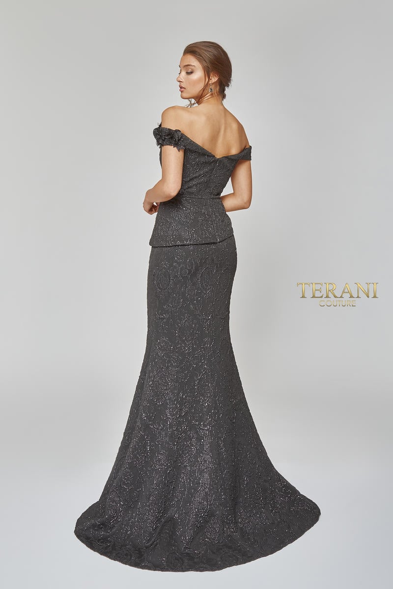 Terani Couture 1921E0146 Off-Shoulder Gown with Peplum Detail - Elegant off-shoulder formal gown featuring a peplum waist, floral accents, and a thigh-high slit.