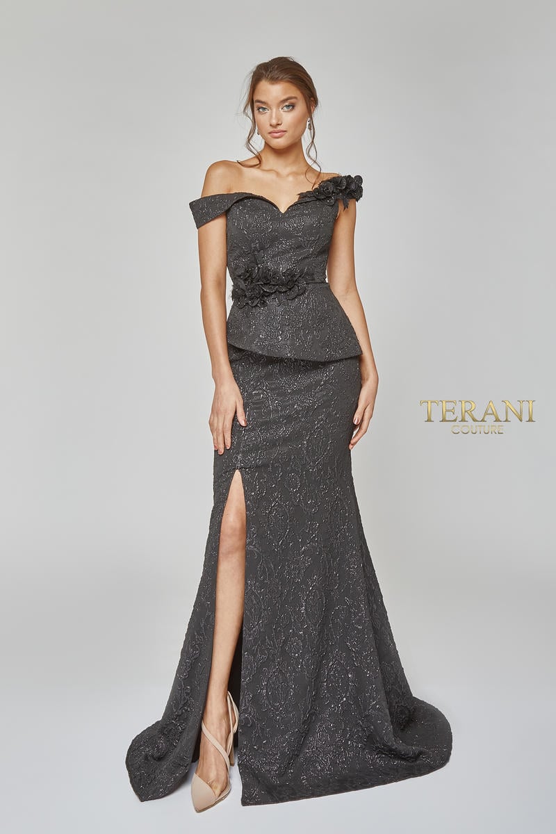 Terani Couture 1921E0146 Off-Shoulder Gown with Peplum Detail - Elegant off-shoulder formal gown featuring a peplum waist, floral accents, and a thigh-high slit.