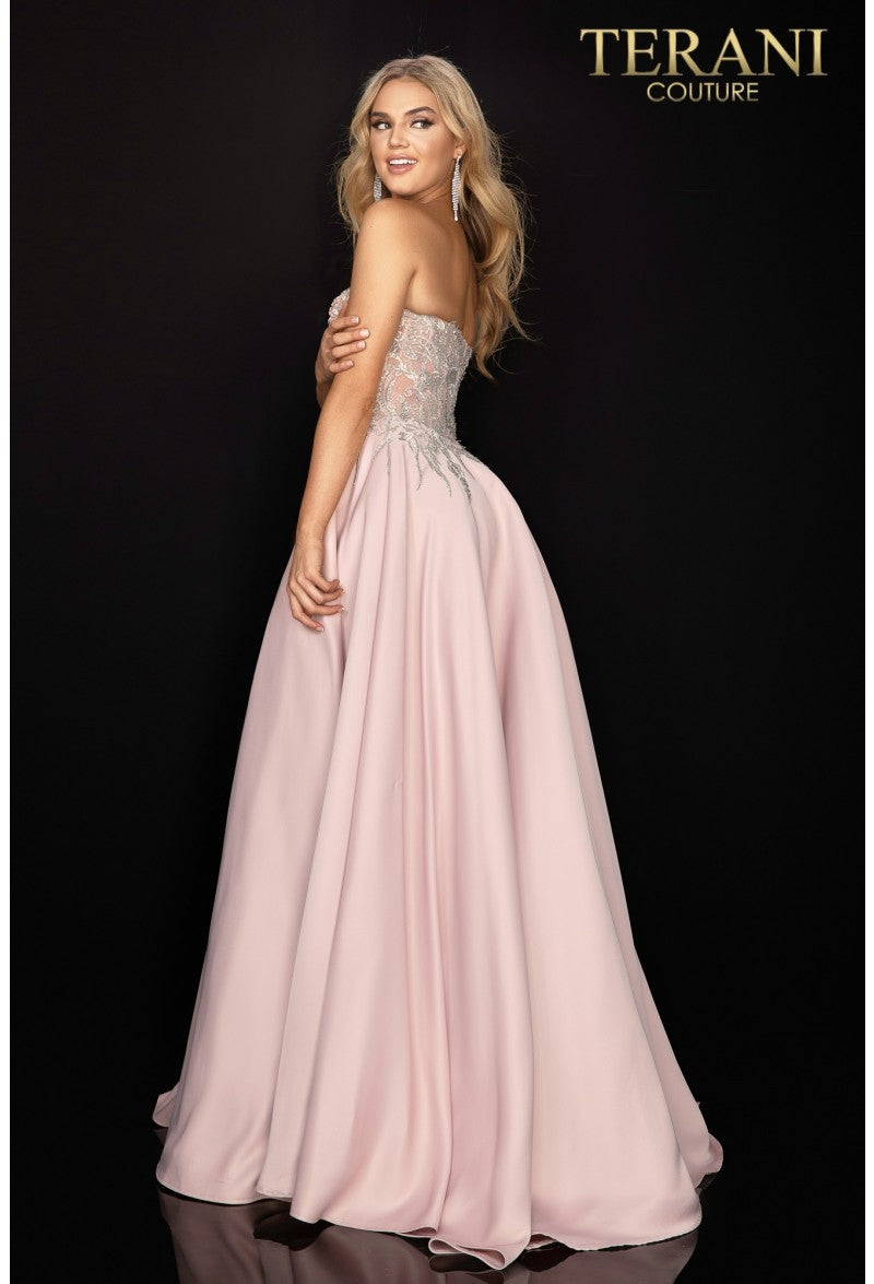 Terani Couture 2011P1197 Strapless Embellished Gown - An elegant prom gown featuring a strapless neckline, embellished bodice, and flowing chiffon skirt in blush-ivory and silver-ivory.