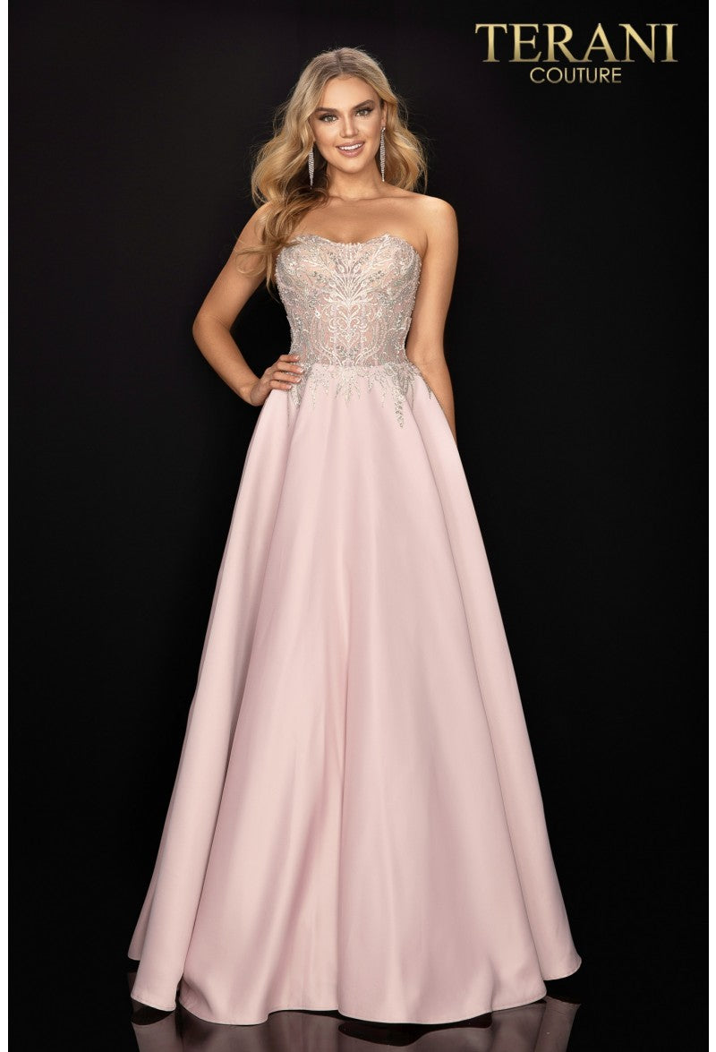 Terani Couture 2011P1197 Strapless Embellished Gown - An elegant prom gown featuring a strapless neckline, embellished bodice, and flowing chiffon skirt in blush-ivory and silver-ivory.