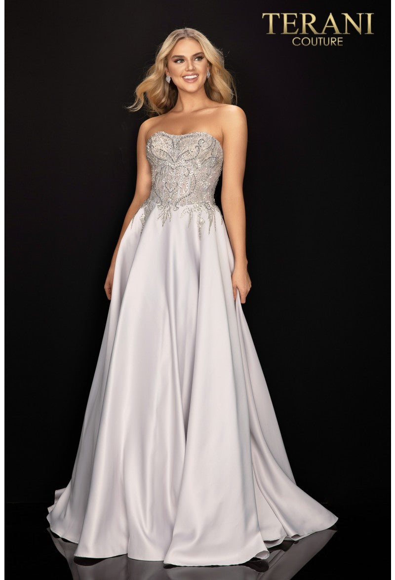 Terani Couture 2011P1197 Strapless Embellished Gown - An elegant prom gown featuring a strapless neckline, embellished bodice, and flowing chiffon skirt in blush-ivory and silver-ivory.