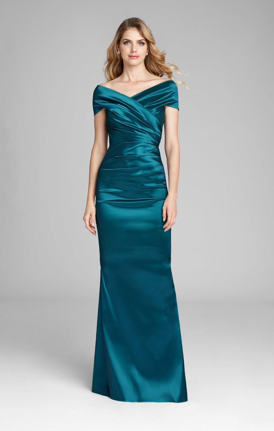 Teri Jon Dress 49096 in Teal - Floor Length Off-The-Shoulder Portrait Ruched Gown - Ideal for Mother of the Bride/Groom, Black Tie Parties, Galas - Sold by Madelines Boutique - Color Teal.