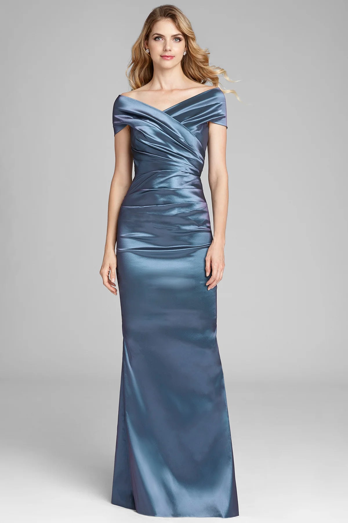 Teri Jon Dress 49096 in Teal - Floor Length Off-The-Shoulder Portrait Ruched Gown - Ideal for Mother of the Bride/Groom, Black Tie Parties, Galas - Sold by Madelines Boutique - Color Slate