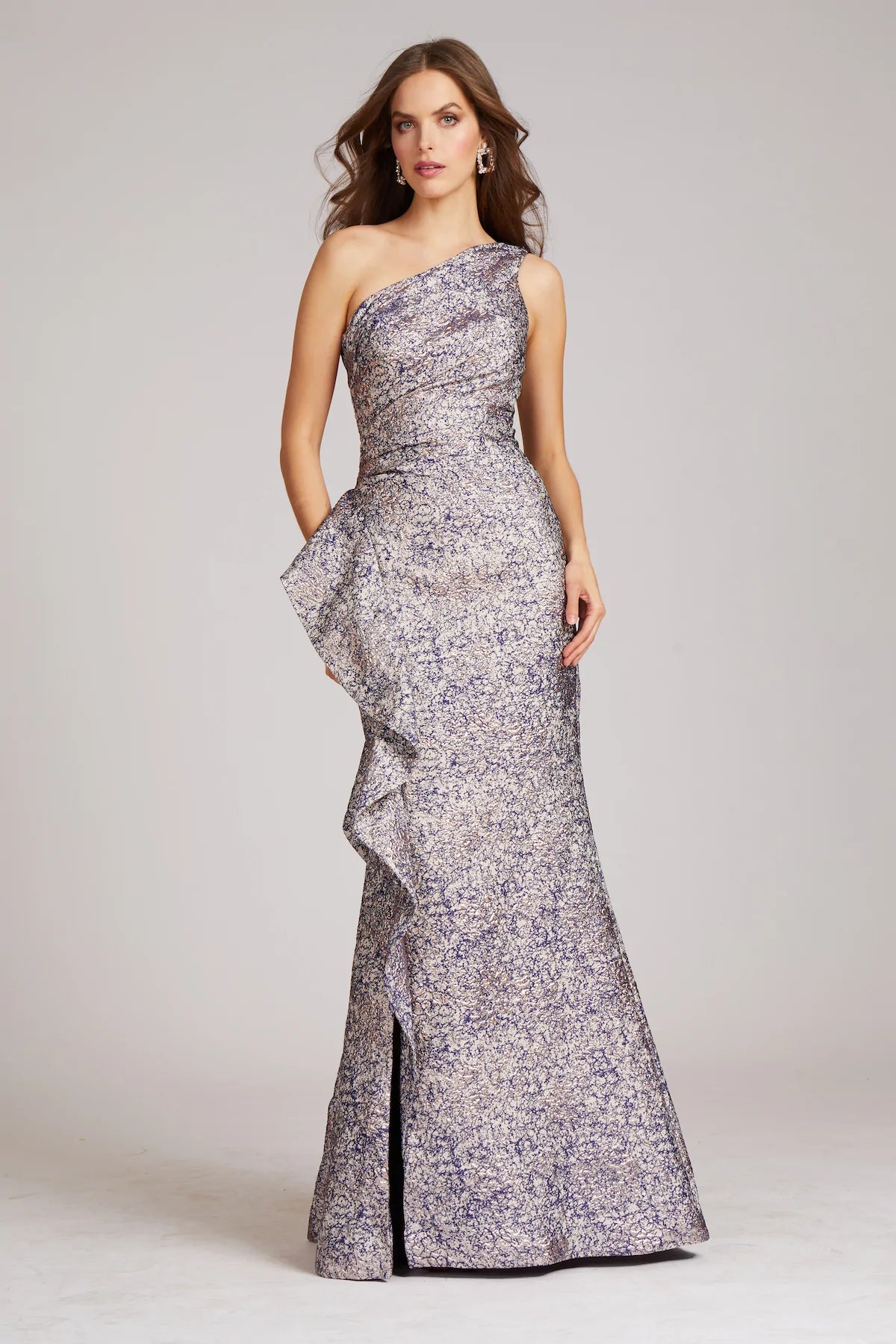 TERI JON - 217028 - Jacquard One Shoulder Side Ruffle Gown