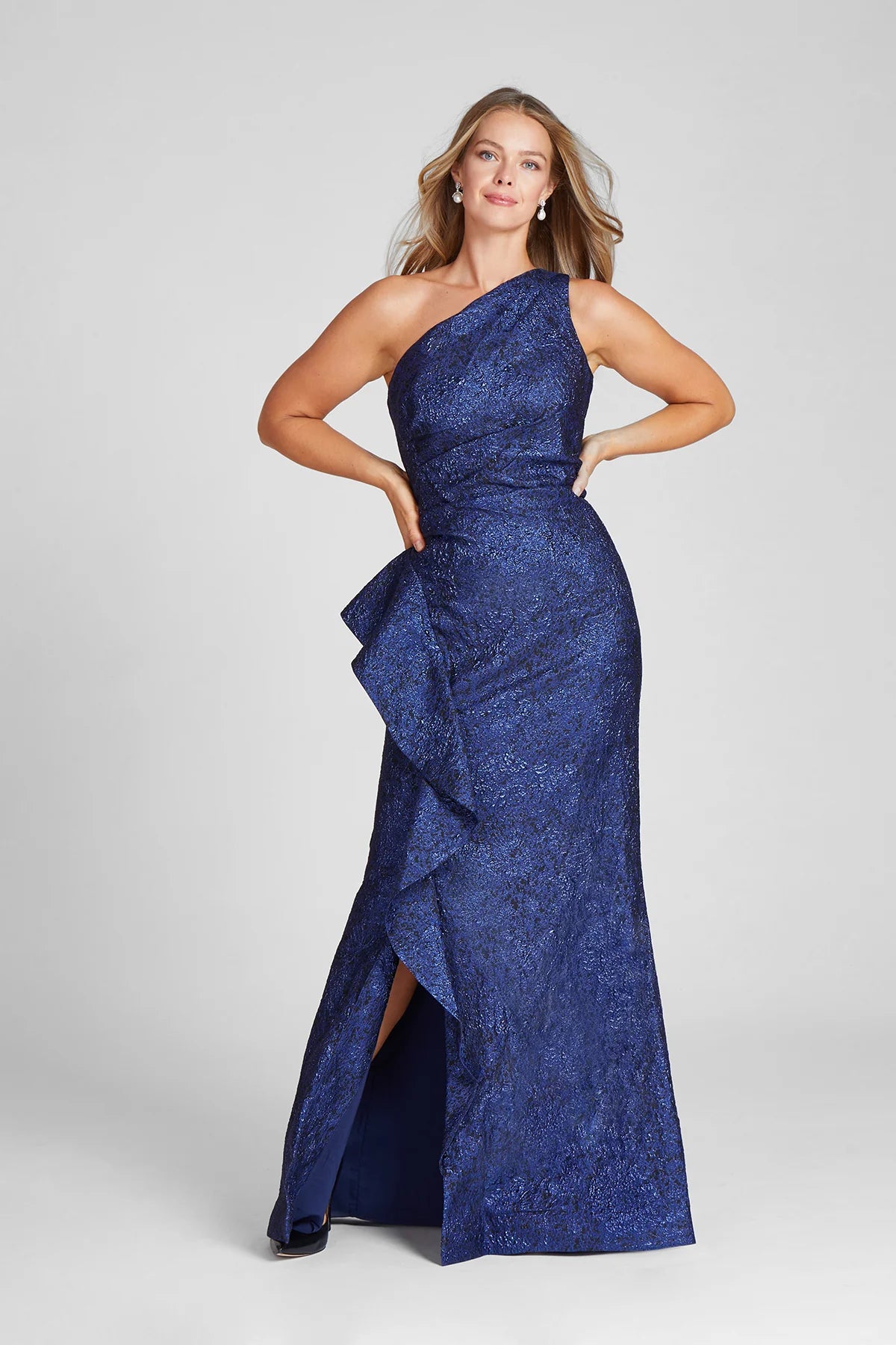 TERI JON - 217028 - Jacquard One Shoulder Side Ruffle Gown