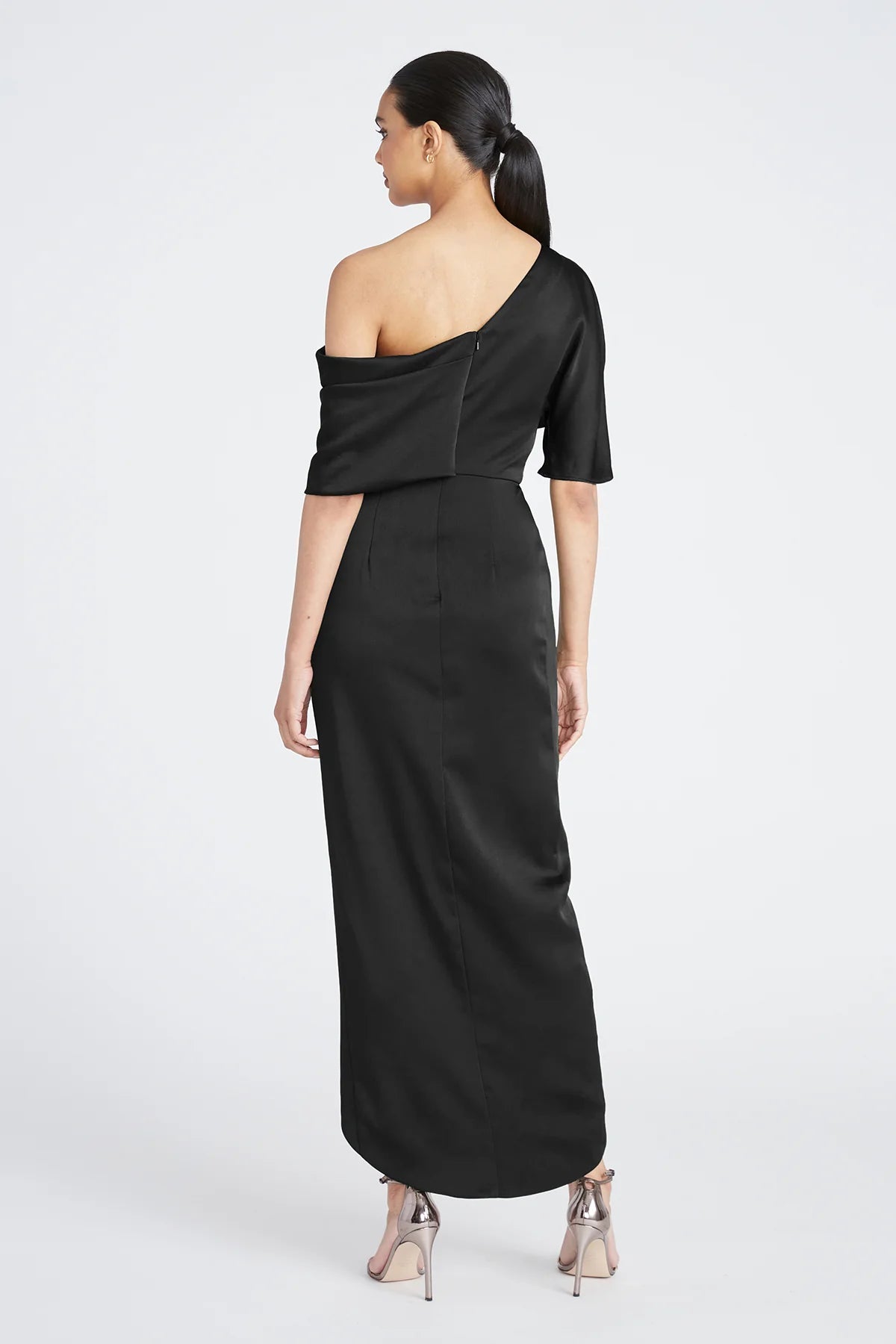 Theia 8818838 Asymmetric Tea-Length Dress in navy blue - Perfect for evening events, mothers of the bride or groom. Model is wearing the dress in Black.