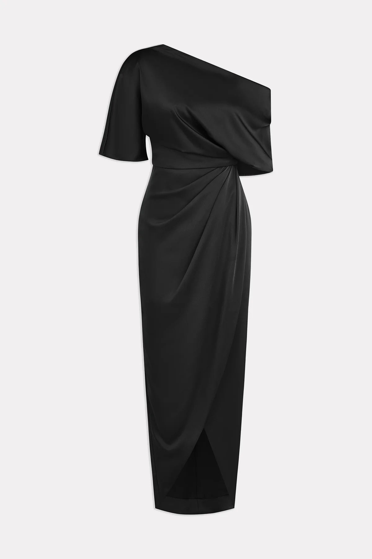 Theia 8818838 Asymmetric Tea-Length Dress in navy blue - Perfect for evening events, mothers of the bride or groom. Model is wearing the dress in Black.