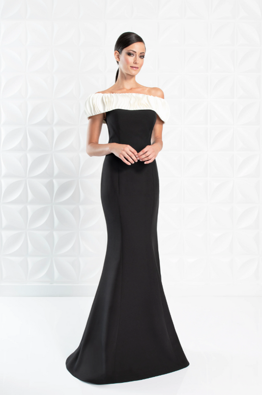 Alexander by Daymor 1280 Off-Shoulder Ruched Gown - Elegant evening gown featuring a ruched off-shoulder neckline, fitted bodice, and floor-length skirt.