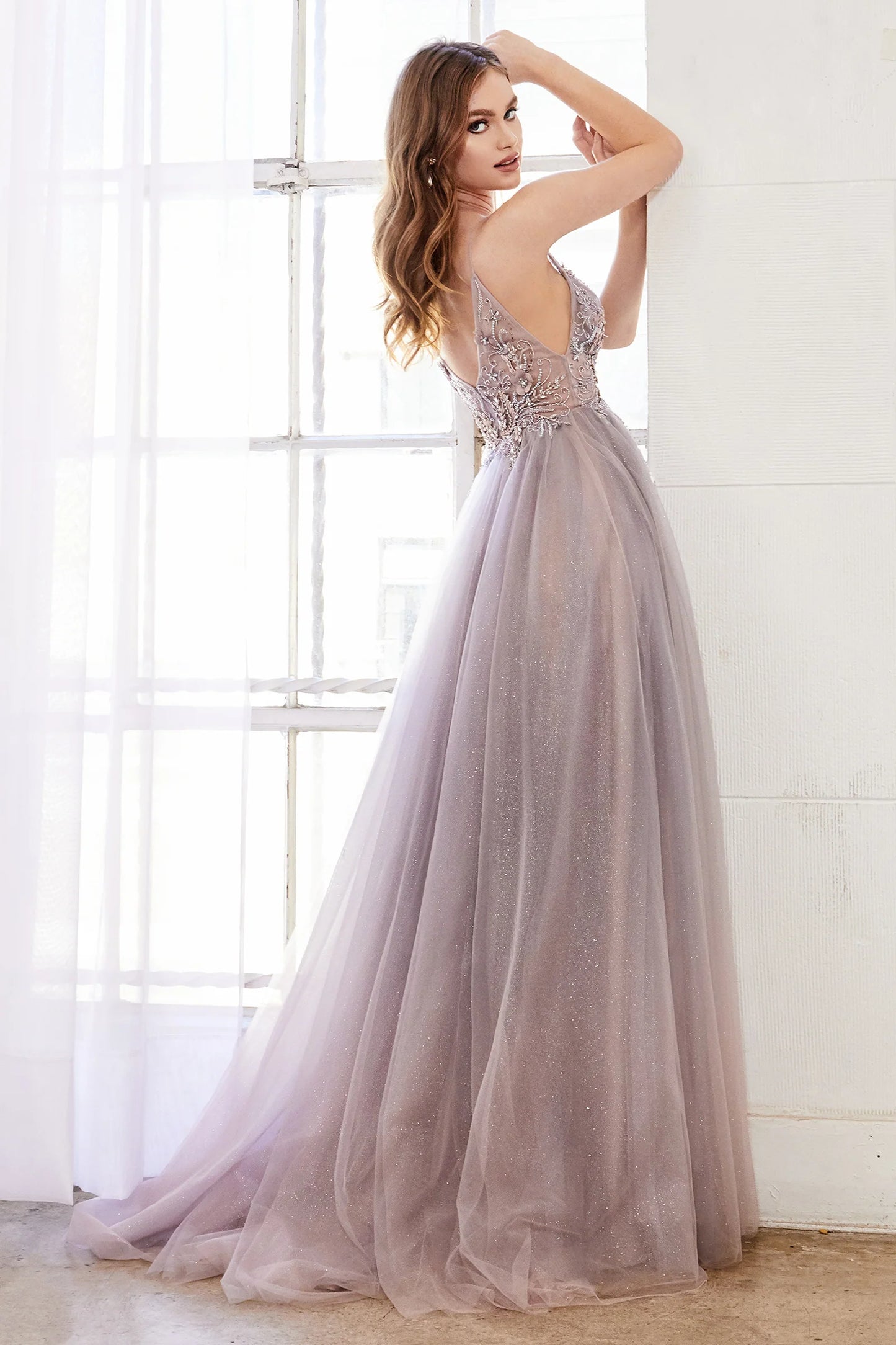 Andrea & Leo A0850 - A captivating prom gown with a beaded bodice, ombre tulle skirt, deep V-neckline, and subtle leg slit.