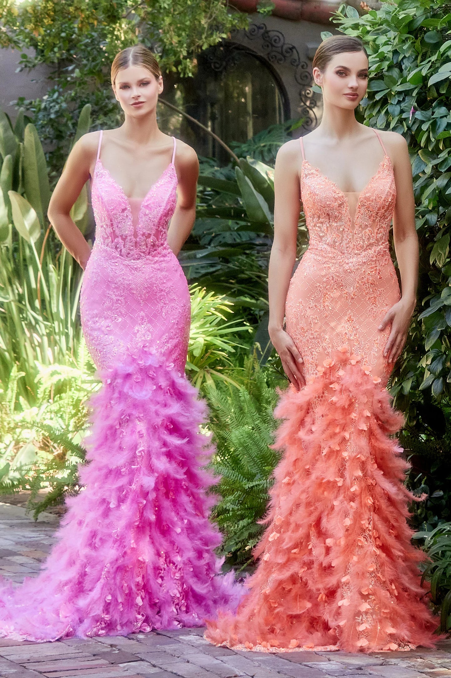 Andrea & Leo A1116 Dress - Floral Beaded Lattice Print Mermaid Gown with Lace-Up Corset, Feathered Lace Train, and Floral Appliques. Perfect for Prom, Pageant, and Red Carpet Events.  Models wearing dresses in Hot Pink and Neon Orange.Dress in Black.