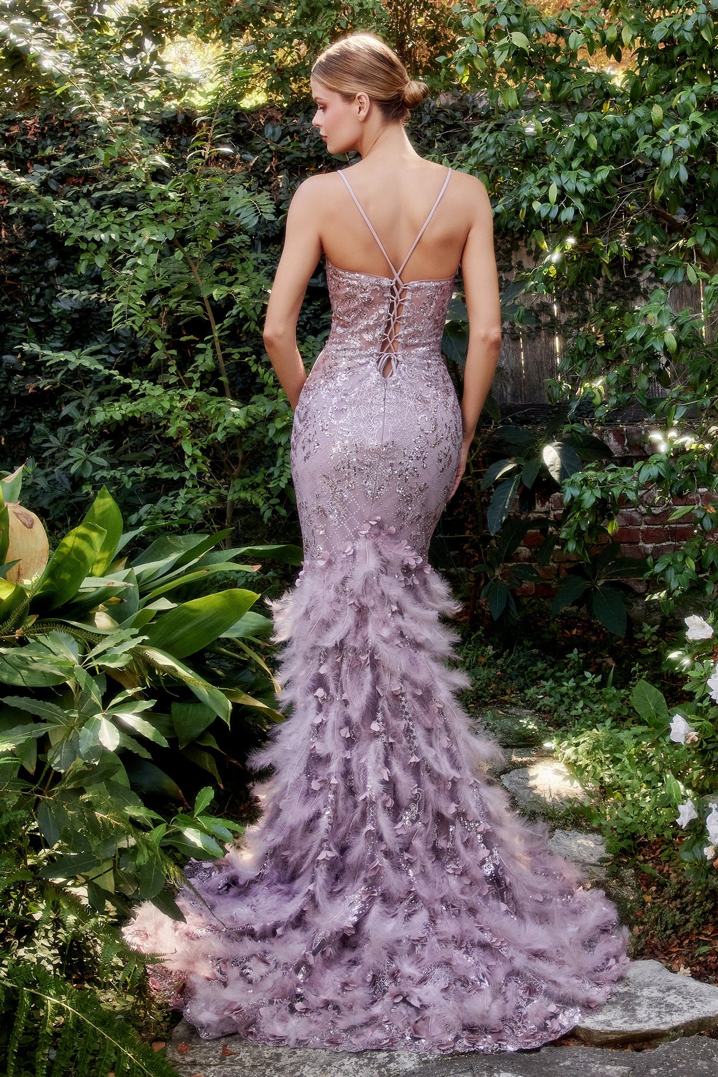 Andrea & Leo A1116 Dress - Floral Beaded Lattice Print Mermaid Gown with Lace-Up Corset, Feathered Lace Train, and Floral Appliques. Perfect for Prom, Pageant, and Red Carpet Events.  Dress in Mauve.  Highlighting the back..