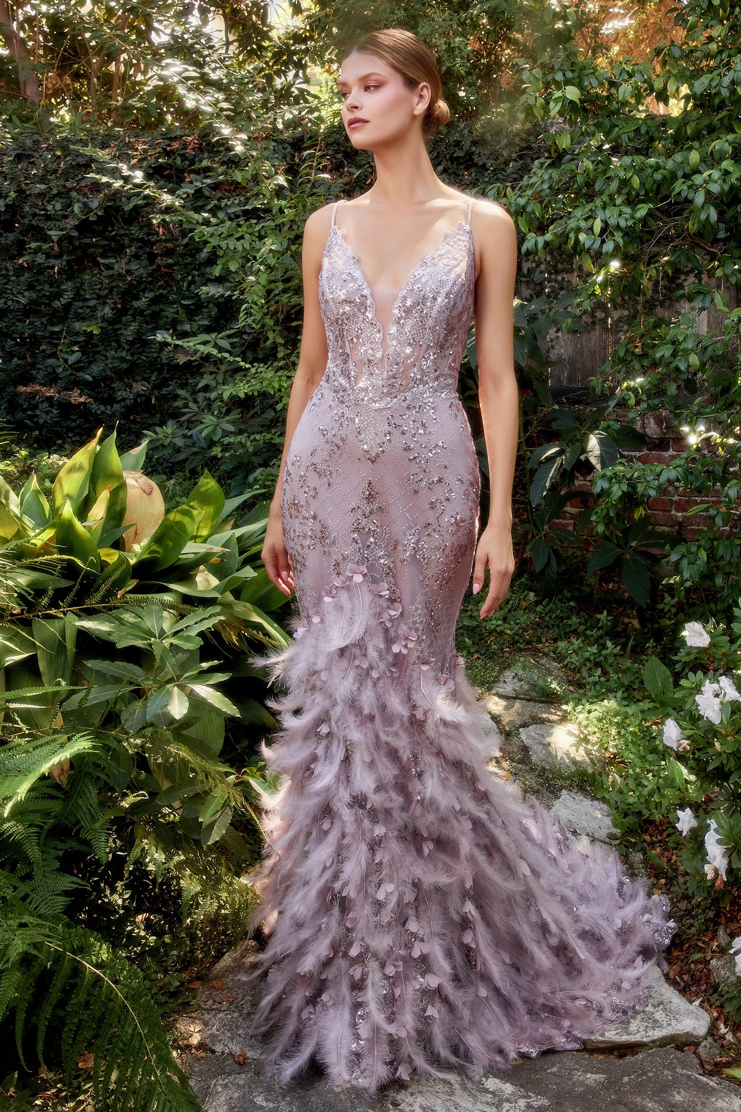 Andrea & Leo A1116 Dress - Floral Beaded Lattice Print Mermaid Gown with Lace-Up Corset, Feathered Lace Train, and Floral Appliques. Perfect for Prom, Pageant, and Red Carpet Events.  Dress in Mauve.