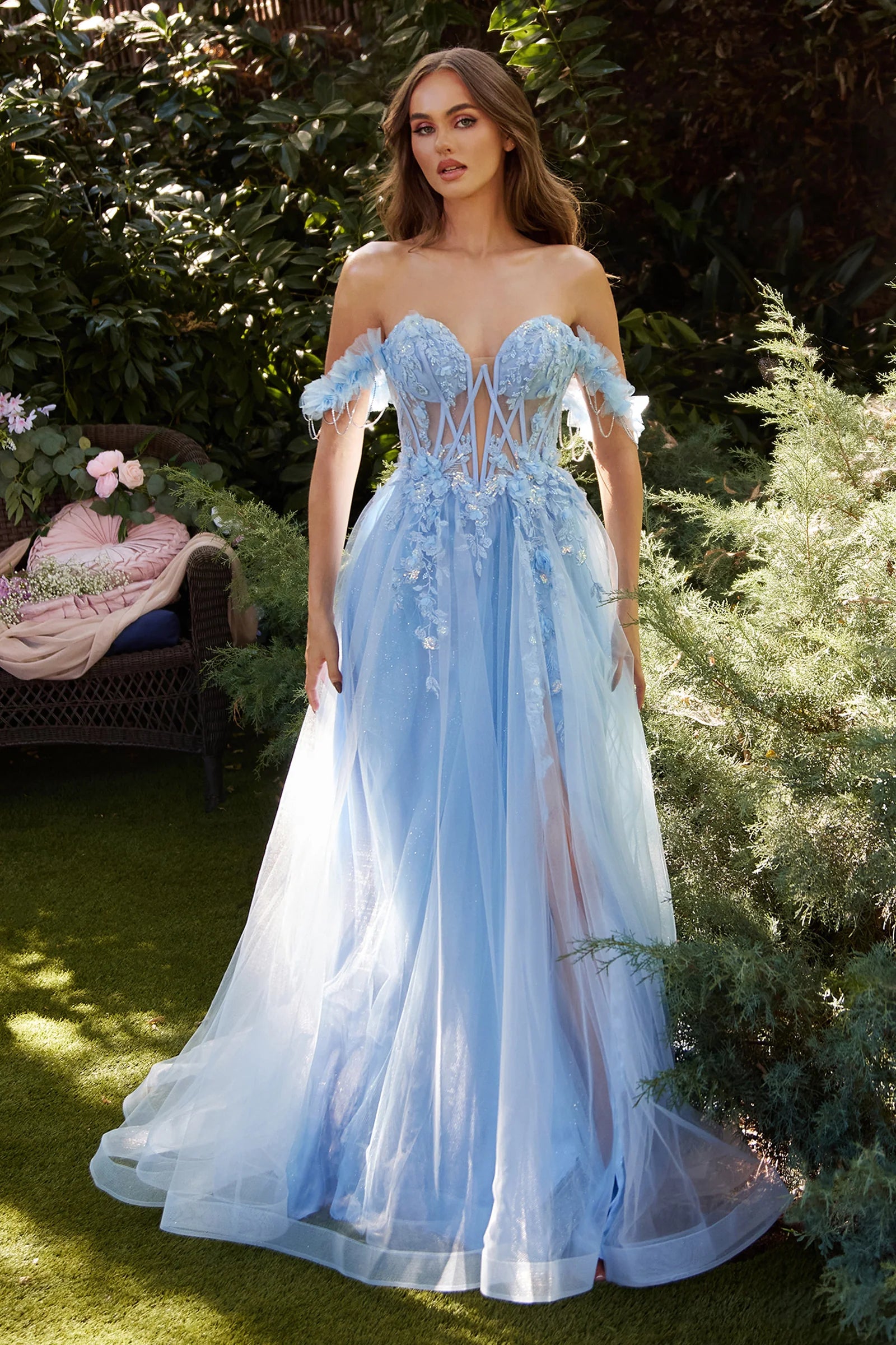 Andrea&Leo A1237 Sparkling Off-Shoulder A-Line Prom Gown - A breathtaking A-line gown with a sheer boned bodice adorned with delicate lace appliqué, off-the-shoulder straps embellished with a sparkling rhinestone drape, perfect for prom and special occasions.