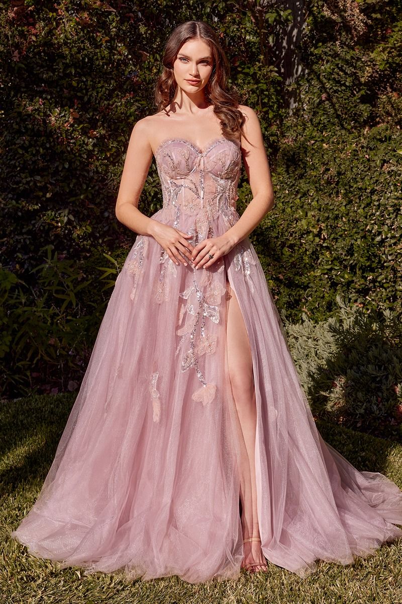 Andrea&Leo A1294 Floral Appliqué A-Line Prom Gown - A stunning A-line gown with a sheer boned bodice, delicate floral organza appliqué, layered tulle skirt, and a leg slit for a touch of allure, perfect for prom and special occasions.