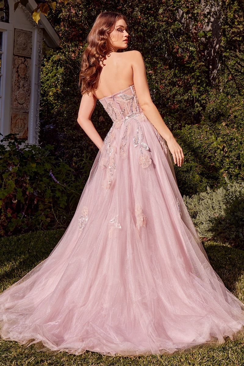 Andrea&Leo A1294 Floral Appliqué A-Line Prom Gown - A stunning A-line gown with a sheer boned bodice, delicate floral organza appliqué, layered tulle skirt, and a leg slit for a touch of allure, perfect for prom and special occasions.