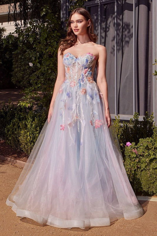 Andrea & Leo A1383 strapless ballgown in peach with a sweetheart neckline, sheer bodice, and watercolor floral appliqués, perfect for prom and formal events.