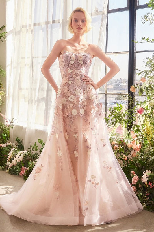 Andrea & Leo A1453 strapless floral embroidered A-line gown in mauve, featuring a sweetheart neckline and delicate tulle layers, perfect for prom and formal evening occasions.