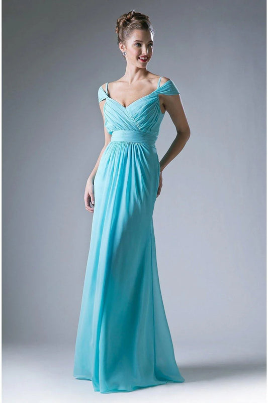 Ladivine CH527 Chiffon Evening Formal Gown with Draped Bodice, Off-the-Shoulder Straps, and Full-Length Skirt