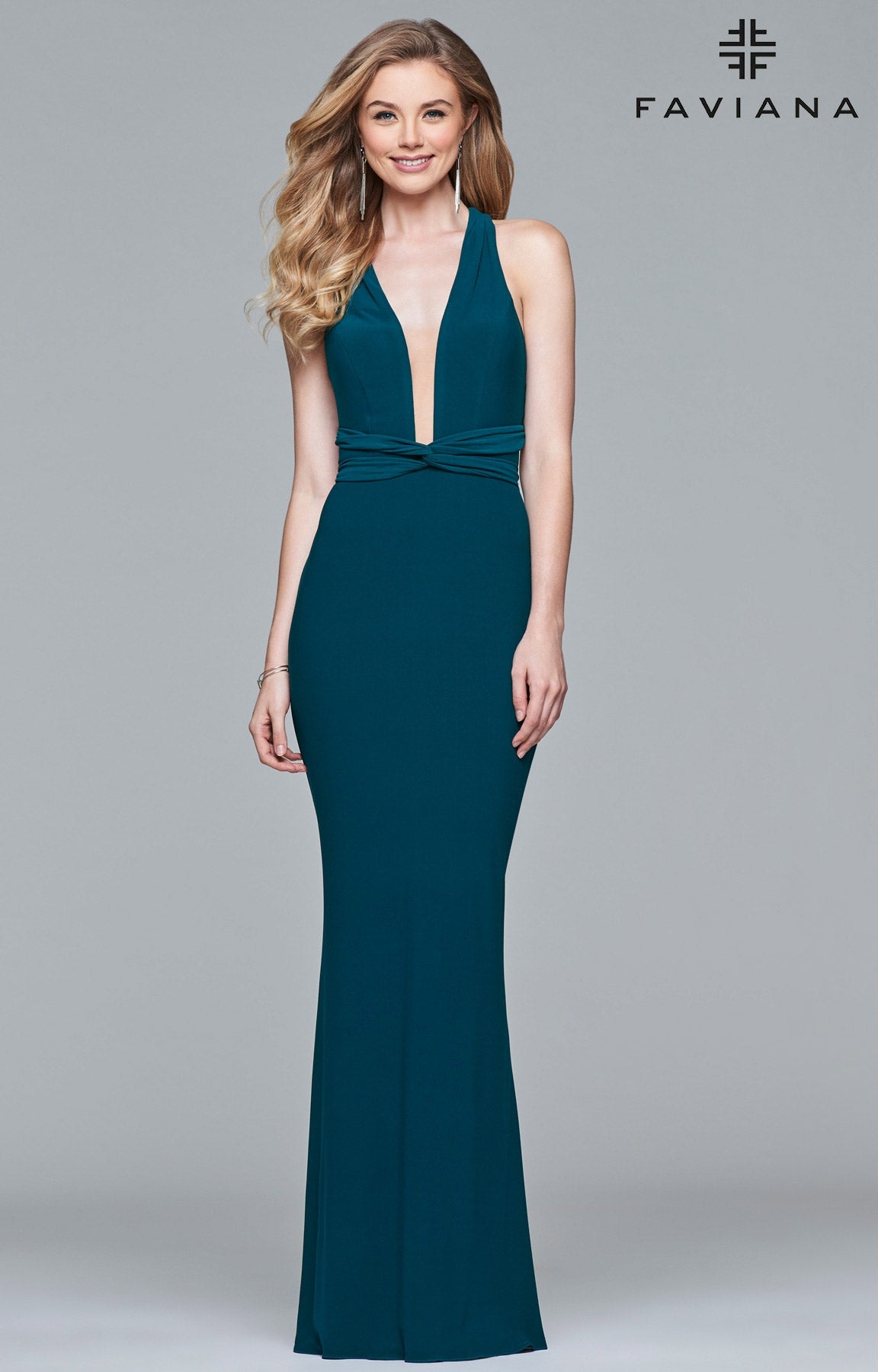 Faviana S10078 Plunging Halter Neck Evening Dress - Elegant gown with a plunging neckline, open back with crisscross detailing, and fitted silhouette.