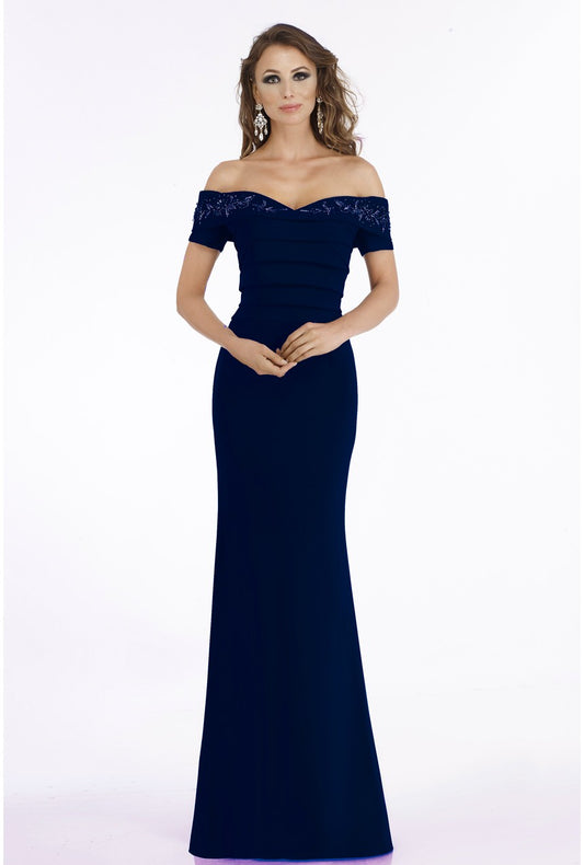 Off-the-shoulder evening dress by Gia Franco with glittering bead embellishments on the bodice. Perfect for evening events and mother of the bride or groom attire.