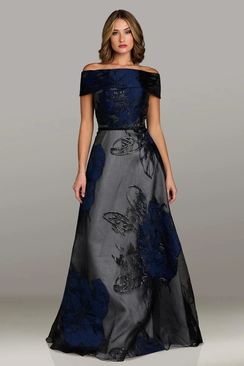 Gia Franco 18524 off-shoulder floral evening gown, featuring an A-line silhouette, perfect for formal evenings and mother of the bride or groom.