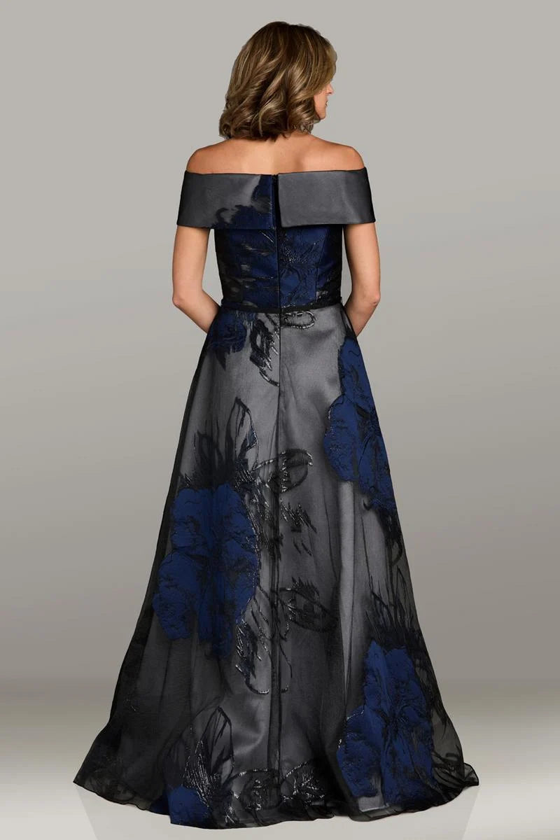 Gia Franco 18524 off-shoulder floral evening gown, featuring an A-line silhouette, perfect for formal evenings and mother of the bride or groom.