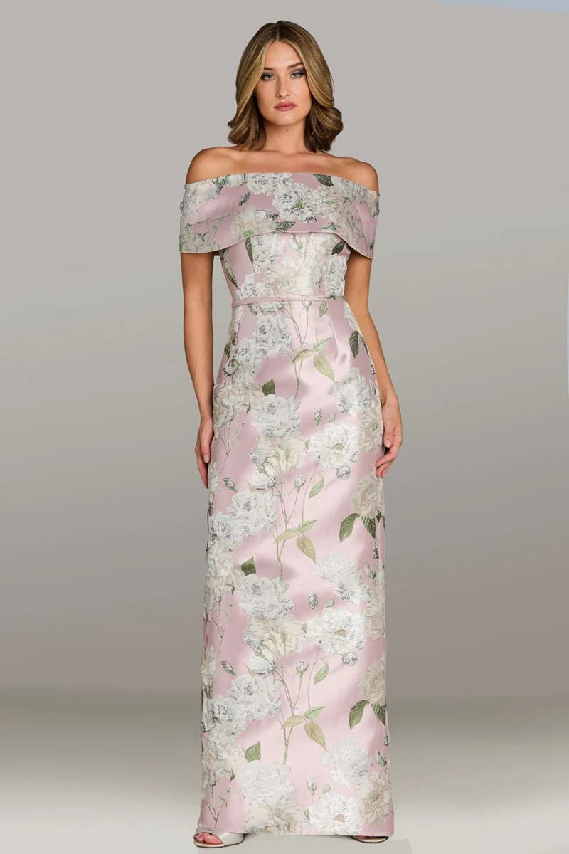 Gia Franco 18543 floral off-the-shoulder evening gown with a back slit, perfect for formal evening events and mother of the bride or groom.