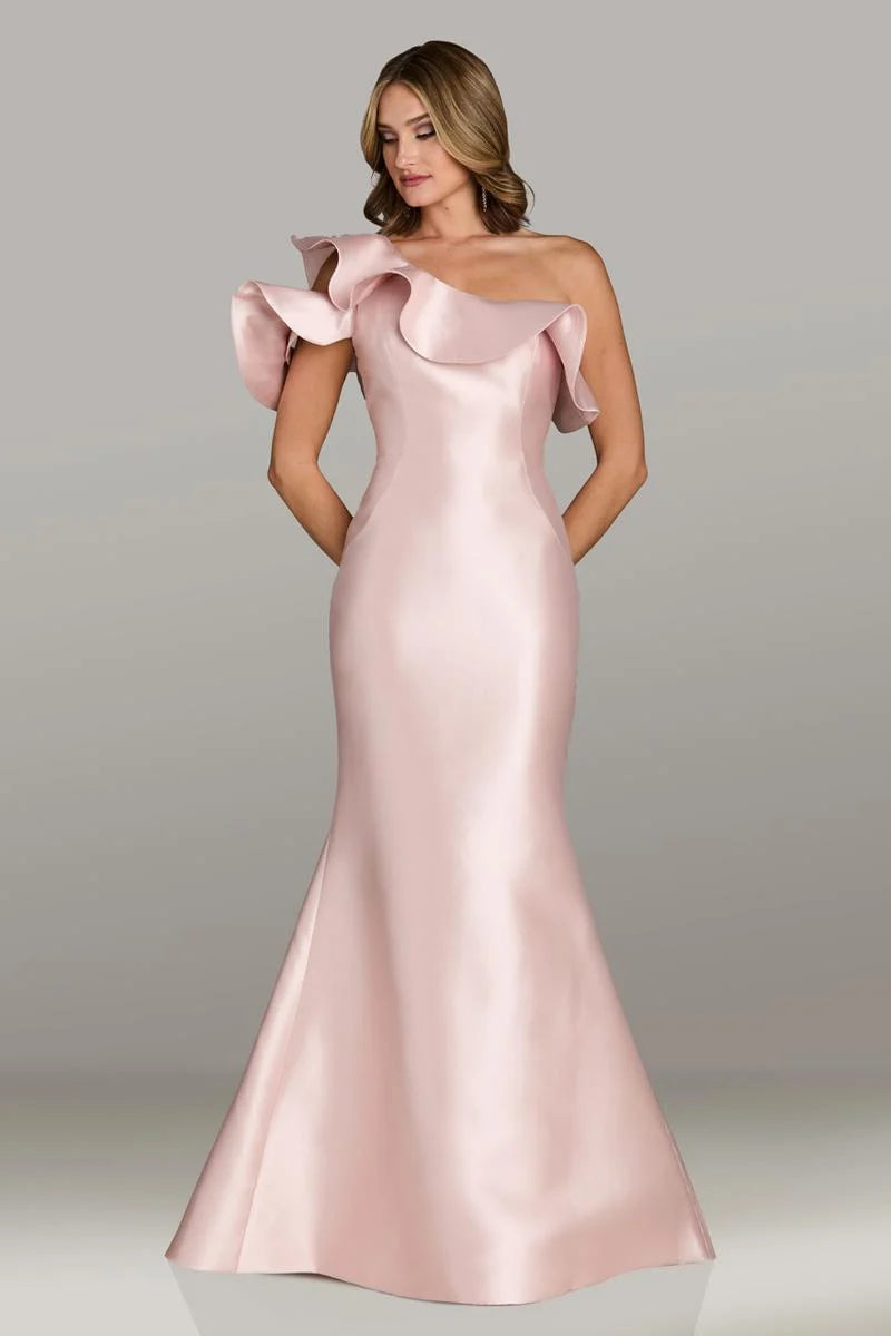 Gio Franco 12504 one-shoulder mermaid gown with ruffled neckline in a luxurious fabric, ideal for formal occasions.