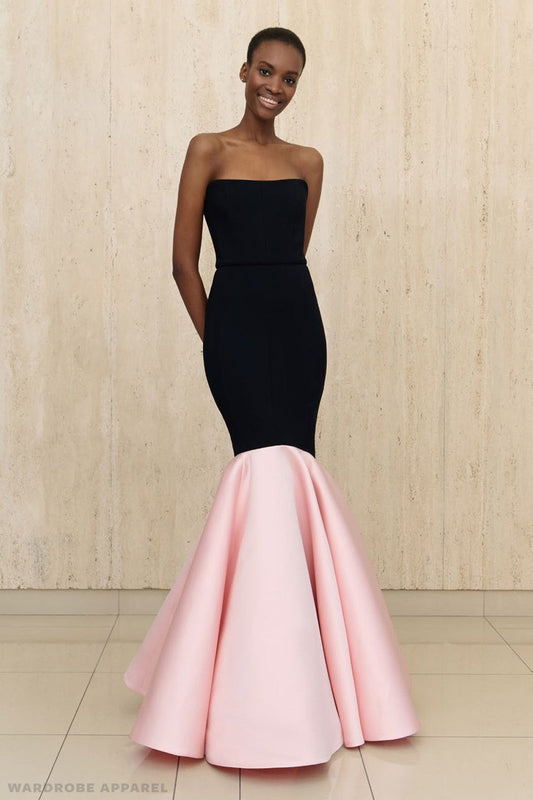 Greta Constantine Morowa Strapless Contrast Flounce Gown featuring a sleek bodice, form-fitting silhouette, and dramatic contrast flounce hem.