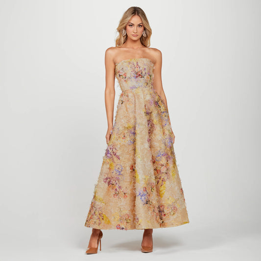 Helsi CELINE Fit and Flare Formal Midi Dress - Featuring a structured bodice, fully lined fit and flare silhouette, and fused skirt for added structure.  Model is wearing the CELINE in GOLD WATERCOLOR.